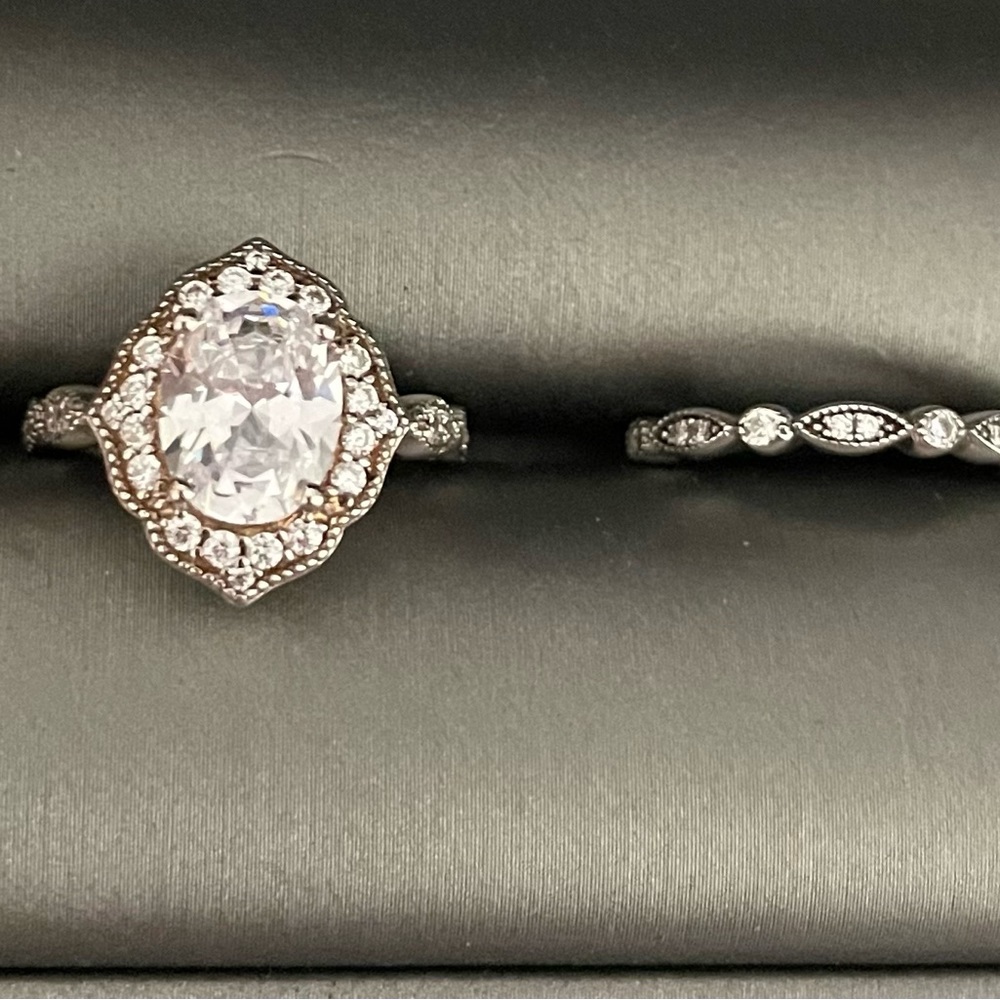 Vintage Art Deco Halo Milgrain Oval Cut 925 Wedding Set Size 5